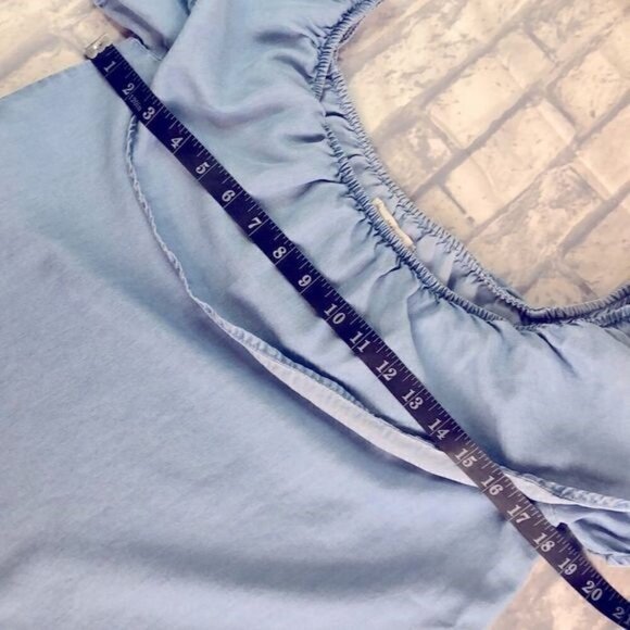 MNG Mango Blouse Off-the-shoulder Chambray Tiered Ruffle Short Sleeve Jean  XS - Picture 11 of 14